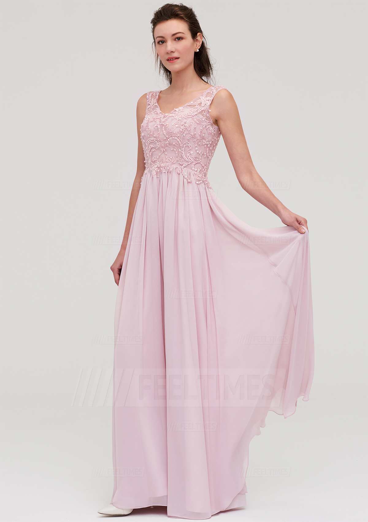 A-Line/Princess V Neck Sleeveless Long/Floor-Length Chiffon Bridesmaid Dresses With Beading Appliqued